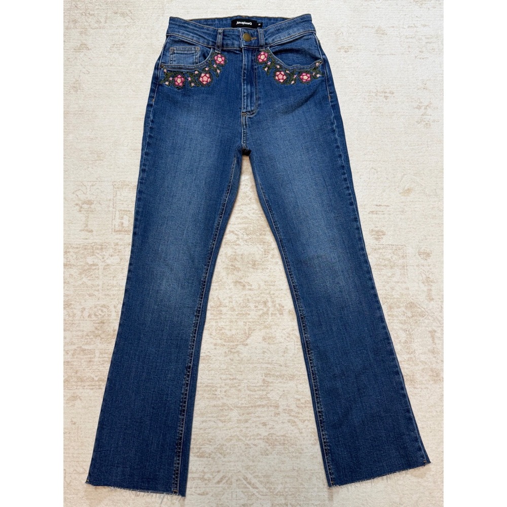 Desigual Womens Floral Embroidered Flare Jeans Blue Medium Wash Size 36 / 26